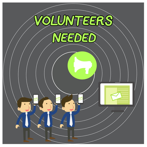 Text sign showing Volunteers Needed. Conceptual photo need work or help for organization without being paid SMS Email Marketing Media Audience Attraction Personal Computer Loudspeaker. - Foto, afbeelding