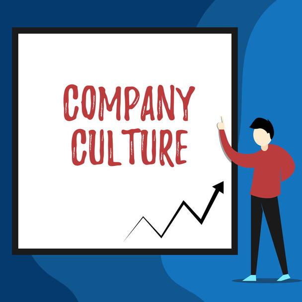Word writing text Company Culture. Business concept for The environment and elements in which employees work View young man standing pointing up blank rectangle Geometric background. - 写真・画像