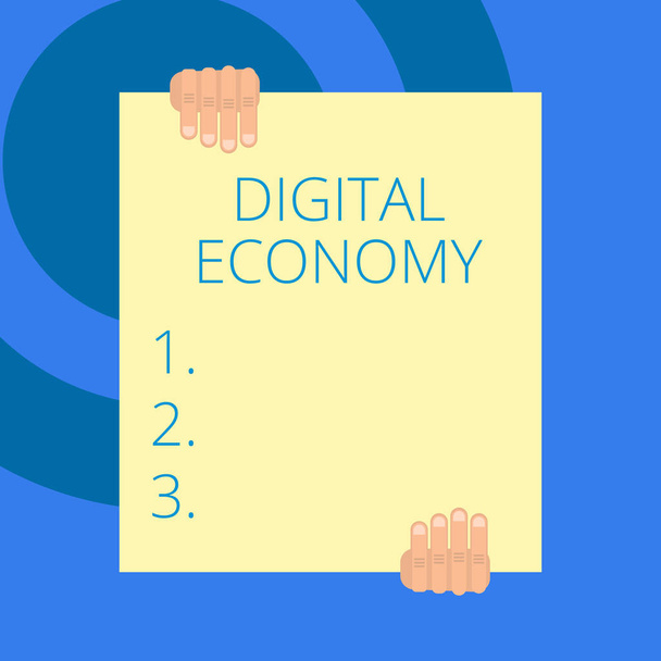 Writing note showing Digital Economy. Business photo showcasing worldwide network of economic activities and technologies Two hands holding big blank rectangle up down Geometrical background. - Photo, Image