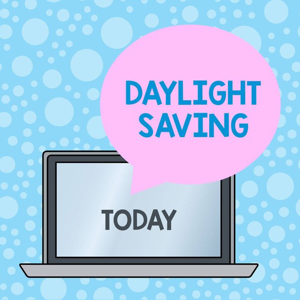 Writing note showing Daylight Saving. Business photo showcasing Storage technologies that can be used to protect data Round Shape Speech Bubble Floating Over Laptop Backdrop. - Photo, Image