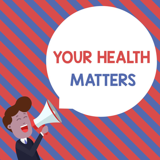 Word writing text Your Health Matters. Business concept for good health is most important among other things Young Man Shouting into Megaphone Floating Round Shape Empty Speech Bubble. - Photo, Image