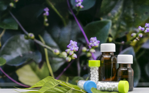 Fechar vista da medicina homeopática garrafas líquidas e globular pílulas de açúcar bola com flor selvagem e folhas verdes fundo
 - Foto, Imagem