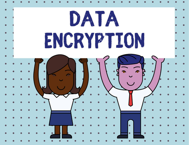 Conceptual hand writing showing Data Encryption. Business photo showcasing Symmetrickey algorithm for the encrypting electronic data Two Smiling People Holding Poster Board Overhead with Hands. - Photo, Image