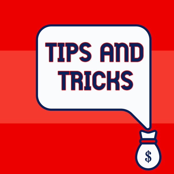 Writing note showing Tips And Tricks. Business photo showcasing piece of inside facts specially in betting or investing Isolated front speech bubble pointing down dollar USD money. - Photo, Image