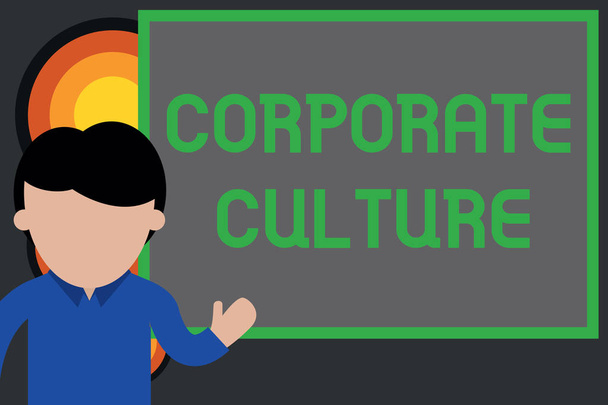Text sign showing Corporate Culture. Conceptual photo pervasive values and attitudes that characterize a company Young man standing in front whiteboard pointing to project. photo Art. - Photo, Image