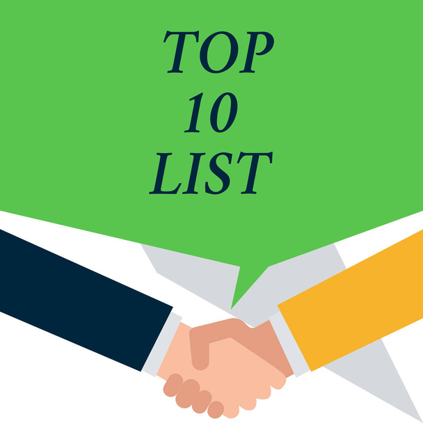 konzeptionelle Handschrift mit Top-10-Liste. Business-Foto, das die zehn wichtigsten oder erfolgreichsten Punkte in einer bestimmten Liste zeigt, Menschen unterhalten sich und schütteln sich die Hände. - Foto, Bild