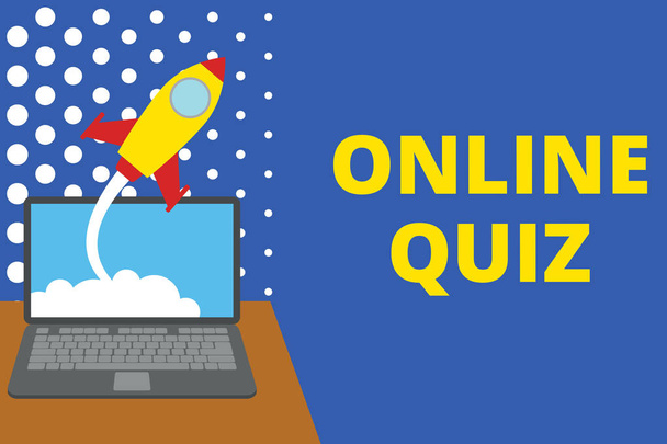 Writing note showing Online Quiz. Business photo showcasing game or a mind sport that are published on the Internet Successful rocket launching laptop background Startup grow. - Photo, Image