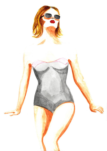 Illustrazione disegnata a mano ad acquerello. Giovane donna sexy con capelli biondi corti si siede in un costume intero grigio retrò e occhiali da sole. Isolato su sfondo bianco
 - Foto, immagini