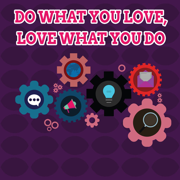 Signo de texto que muestra Do What You Love What You Do. Foto conceptual Persigue tus sueños o pasiones en la vida Conjunto de iconos de redes sociales en línea globales dentro de coloridos engranajes de rueda de engranaje
. - Foto, Imagen