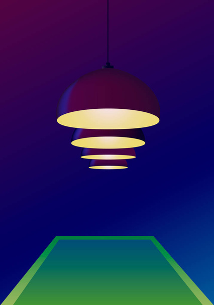 Ceiling bulbs hang and shine yellow light over a pool green table in vector. Dark blue background. Poster invitation template for a billiard game championship. - Vector, Image