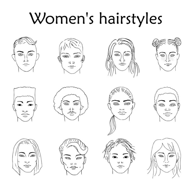 Hand-drawn sketching set of vector black-and-white females portraits  of different races with different hairstyles. - Vector, Image