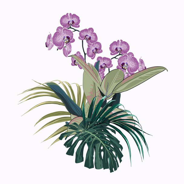 Ručně se utopí květy orchidejí. Opakující se textura fialovými květy na černém pozadí. - Vektor, obrázek