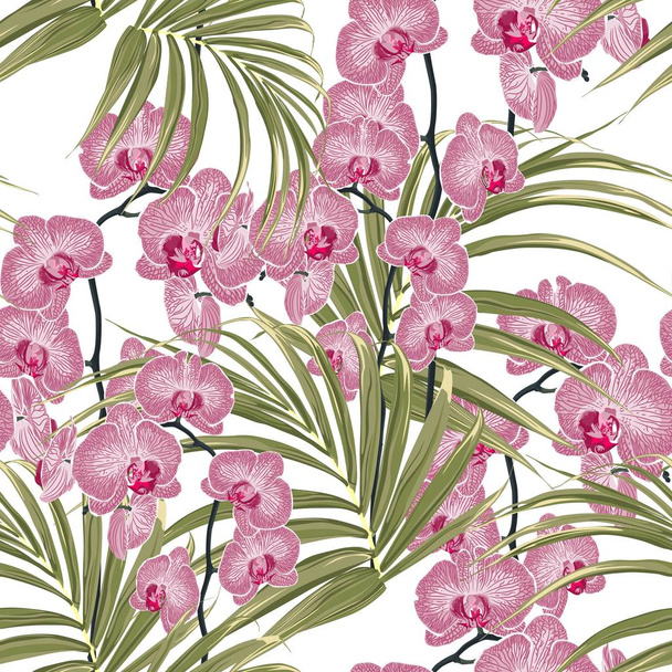 Fondo tropical sin costuras con flores exóticas de orquídeas rosadas y hojas de palma. Fondo blanco
. - Vector, Imagen