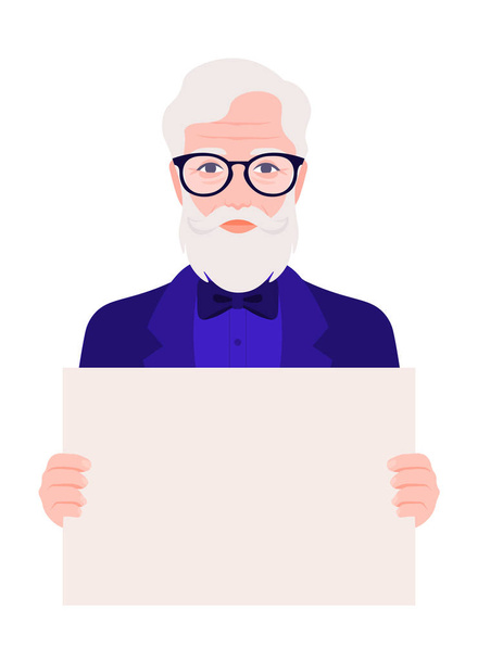 Elderly man holding a blank poster without text. Protest and protection of rights. Fashion professor. Meeting and demonstration. Vector flat illustration - Vector, Image