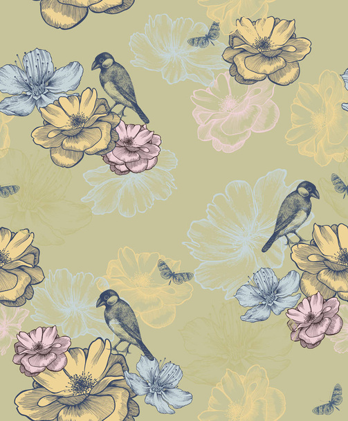 Seamless wallpaper with flowers and birds. Floral background, vector illustration. - Vektör, Görsel