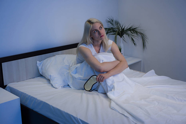 Sleep Disorders, insomnia. Woman Suffering From Depression Sitti - Photo, Image