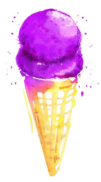 Ice cream cone berry wafer watercolor sketch purple isolated - Photo, Image