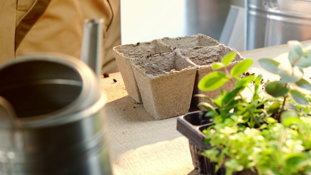 visão parcial do jardineiro enchendo recipientes de papelão com solo
 - Filmagem, Vídeo