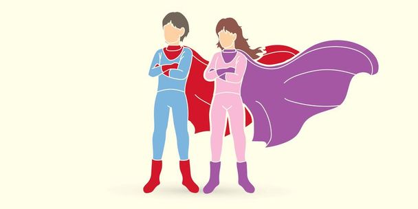 Junge und Mädchen Superhelden Action Cartoon Grafik Vektor. - Vektor, Bild