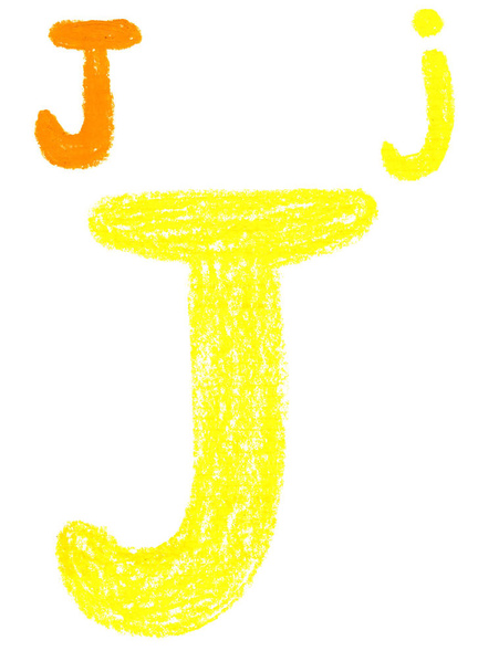 Óleo desenhado à mão e pastel amarelo ilustração da letra "J". Desenhos animados infantis estilo arredondado simples. Isolado em fundo branco. Pode ser usado para ilustrações de livros infantis, folhetos, sucata
 - Foto, Imagem