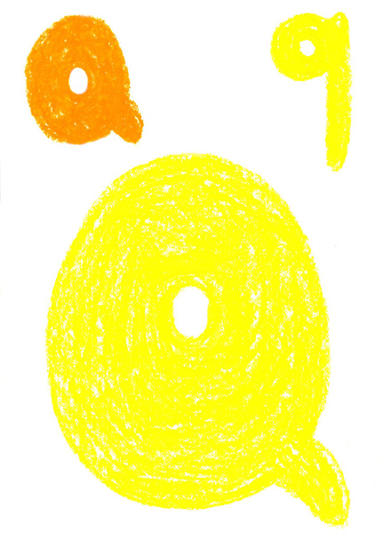 Hand-drawn oil and yellow pastel illustration of the letter "Q". Children's cartoon simple rounded style. Isolated on white background. Can be used for illustrations of children's books, flyers, scrap - Photo, Image
