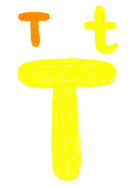 Hand-drawn oil and yellow pastel illustration of the letter "T". Children's cartoon simple rounded style. Isolated on white background. Can be used for illustrations of children's books, flyers, scrap - Photo, Image