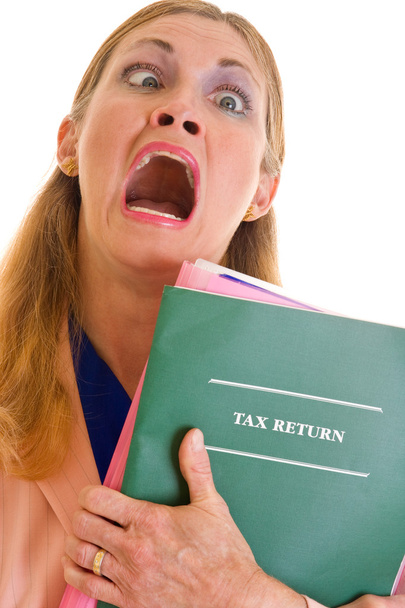 Frustrierte Geschäftsfrau macht Steuern - Foto, Bild