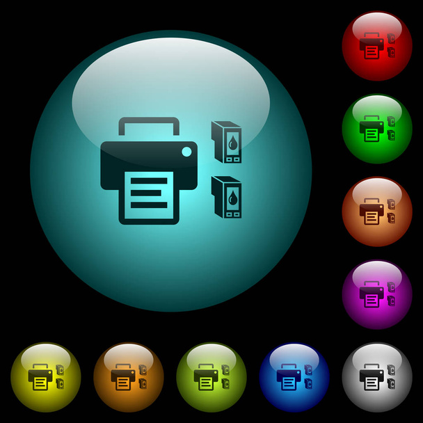 Symbole für Drucker und Tintenpatronen in farbig beleuchteten Glasknöpfen - Vektor, Bild