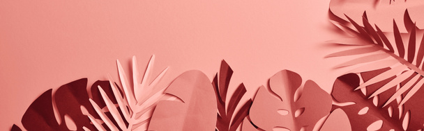 vista dall'alto di foglie di palma tagliate di carta esotica su sfondo rosa con spazio copia, scatto panoramico
 - Foto, immagini