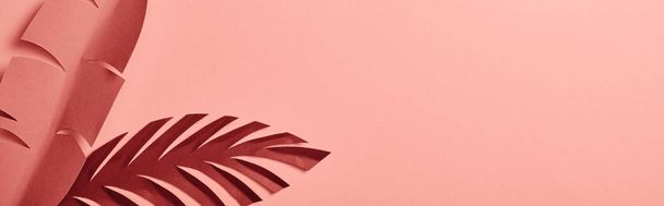 top view of paper cut tropical palm leaves on pink background, panoramic shot - 写真・画像
