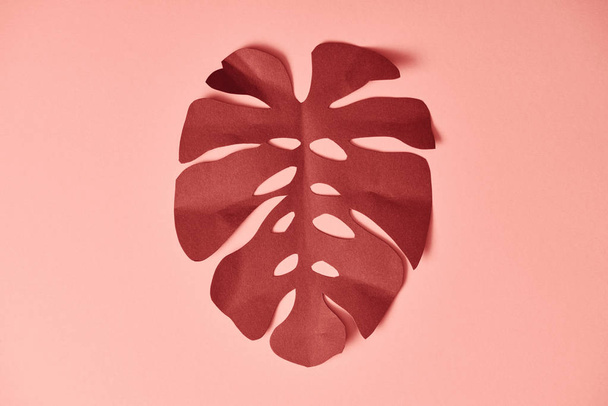 top view of paper cut burgundy palm leaf on pink background - Foto, afbeelding