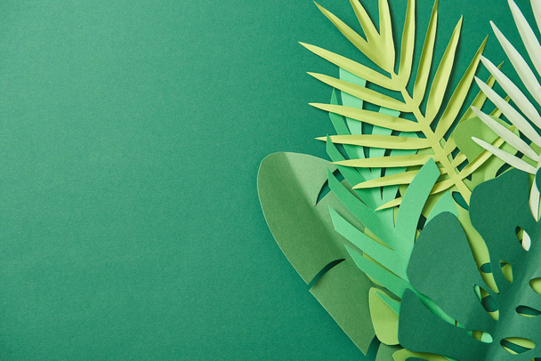 vista superior de papel tropical cortar folhas de palma no fundo verde com espaço de cópia
 - Foto, Imagem