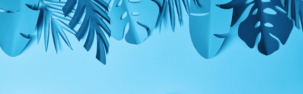 top view of blue exotic paper cut palm leaves on blue background with copy space, panoramic shot - Foto, Bild