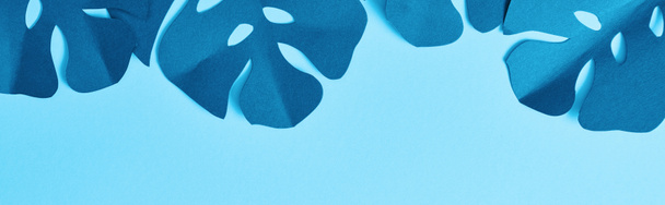 Draufsicht auf blaues exotisches Papier geschnittene Palmblätter auf blauem Hintergrund mit Kopierraum, Panoramaaufnahme - Foto, Bild