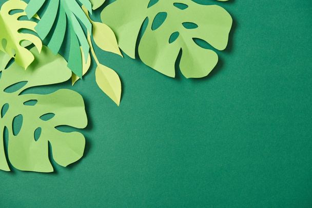 top view of exotic paper cut palm leaves on green background with copy space - Foto, afbeelding