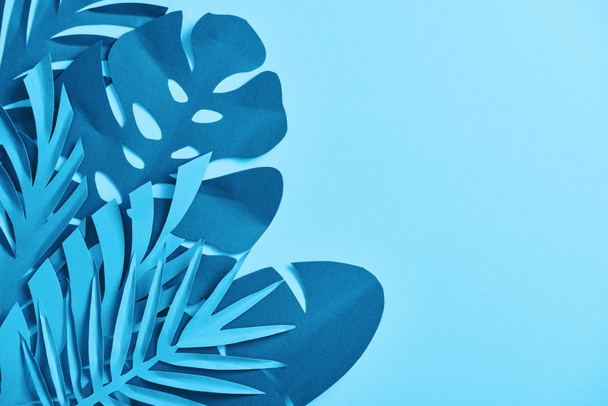 top view of blue exotic paper cut palm leaves on blue background with copy space - Foto, immagini