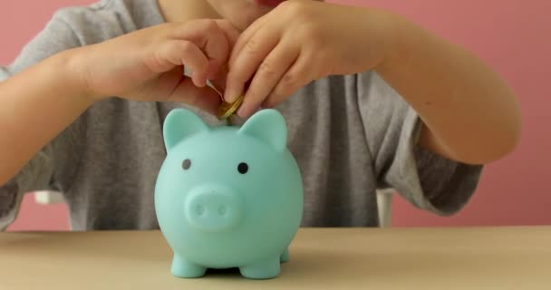 Kleiner Junge steckt Münzen in ein Sparschwein - Filmmaterial, Video