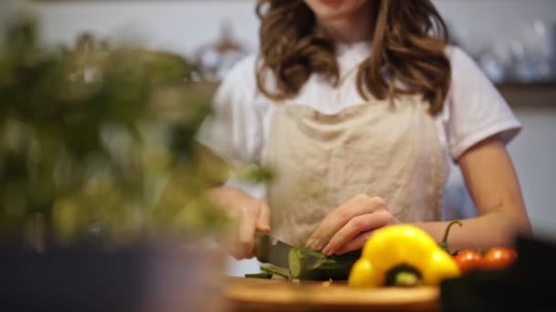 Close up view of young woman hands cutting fresh vegetables on a wooden board for salad at the kitchen - Footage, Video