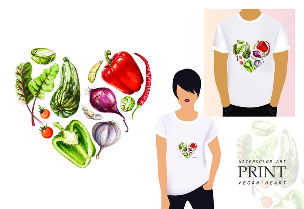 Watercolor vegetables laid out in the form of a heart. Print for clothes, t-shirts, bags. Drawn zucchini, eggplant, garlic, pepper, onion and others. - Photo, Image