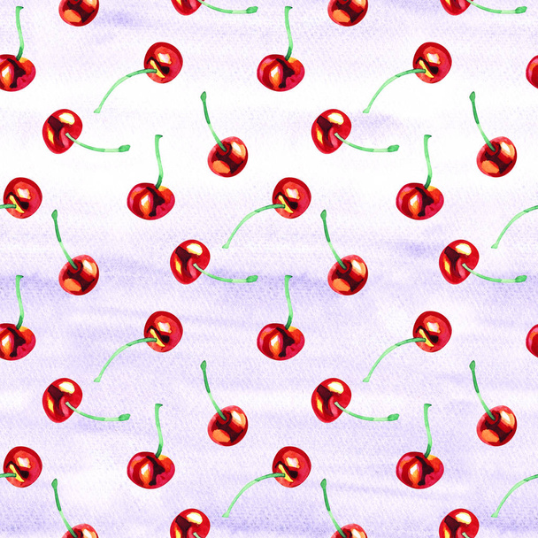 Background with red cherry berry. Watercolor summer seamless pattern - Фото, изображение