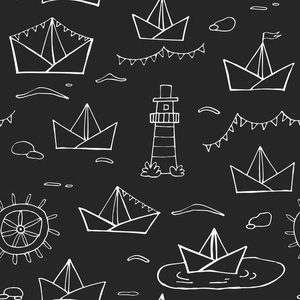 Nautical seamless vector pattern. White lines upon black background for fabric, wrapping paper, backgrounds, covers, scrapbooking paper. Chalk-board imitation. - Vetor, Imagem