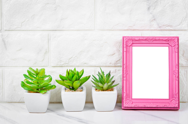 Blank pink vintage photo frame with cactus on marble background. - Photo, image