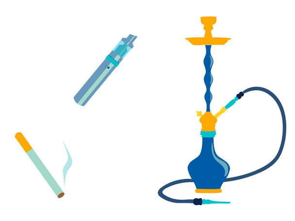 Roken set. Elektronische sigaret, Vape en waterpijp. In minimalistische stijl. Cartoon platte vector - Vector, afbeelding