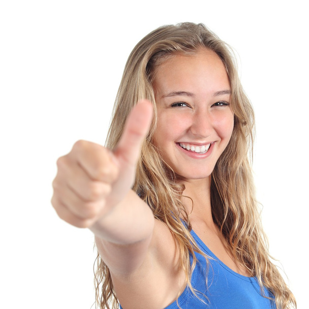 Close up of a beautiful teenage girl with thumb up - Foto, Imagem
