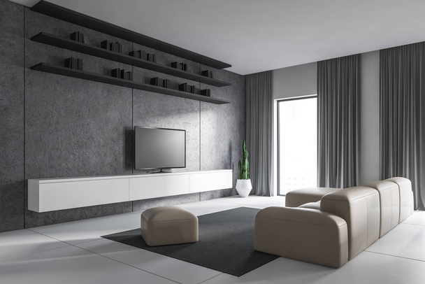 Angolo soggiorno bianco con divano e TV
 - Foto, immagini