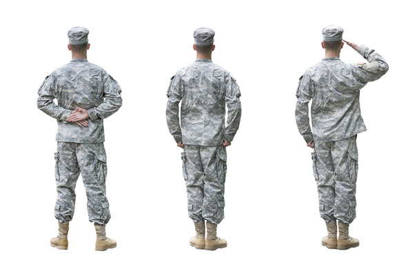 Soldato dell'esercito americano in tre posizioni isolato su sfondo bianco
 - Foto, immagini