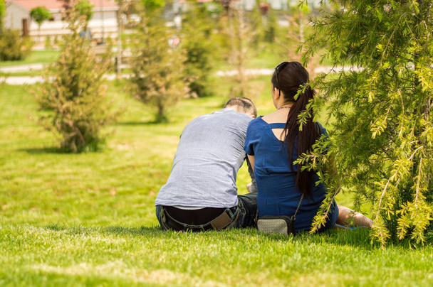 Задняя сторона молодой пары, сидящей на траве в парке в солнечный день
 - Фото, изображение
