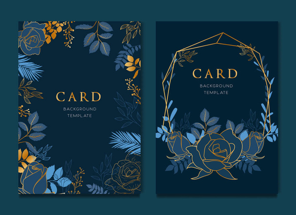 Cartão azul marinho com modelo de casamento de folhas douradas
 - Vetor, Imagem
