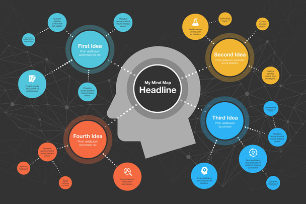 Vector infographic for mind map visualization template with colorful circles and several icons, isolated on dark background. Easy to use for your website or presentation. - Vector, Image