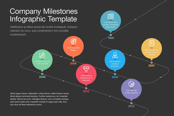 Simple visualization for company milestones timeline template with colorful circles and stroke icons on a curved road line - dark version. Easy to use for your website or presentation. - Vector, Image